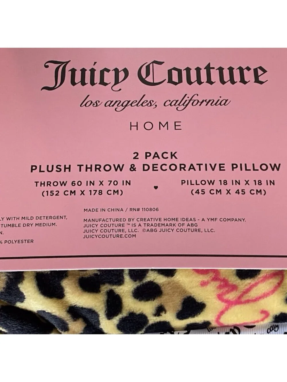 Set Juicy Couture‎ Leopard Cheetah Plush Throw Blanket 60”X70” & Pillow 18”X18”